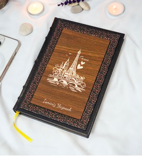 Paris Desenli Termo Deri + Ahşap Anı Defteri - Çizgili Defter - Hediyelik (17x24 cm- 320 Sayfa)