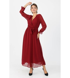 Neşeli Butik Kadın Kruvaze Yaka Bağlama Detaylı Yeni Sezon Uzun Şifon Elbise KTS003 (Bordo)