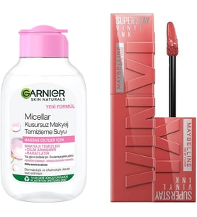 Skin Naturals Micellar Kusursuz Makyaj Temizleme Suyu (100 ml) & Maybelline New York Super Stay Vinyl Ink Uzun Süre Kalıcı Likit Parlak Ruj 15 Peachy
