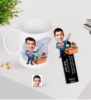 BK Gift Kişiye Özel Erkek Sınıf Öğretmeni Karikatürlü Kupa Bardak ve Ahşap Kitap Ayracı-1