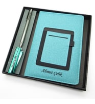 Signator® Codex  N128 Kişiye Özel Defterli Set - İsme Özel Gümüş Kalem + İsme Özel Turkuaz Defter + İsme Özel Çakmak İsme Özel Kutusunda Hediyelik Set (Karışık)
