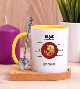 Kişiye Özel Başak Burcuna Hediye Ahşap Altlıklı Sarı Kupa Bardak