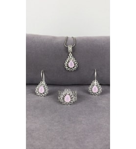 Telkari Pembe Kuvars Taşlı Damla Gümüş Kadın Set