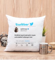 Kişiye Özel Twitter Tasarım Fotoğraflı Kare Yastık ve Silver Kupa