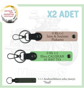 Motor Severlere Özel, İsim Plaka ve 0 Rh (+) Kan Grubu Yazılı x2 Anahtarlık, Yavruağzı-F Yeşil-Ysl (Çok Renkli)