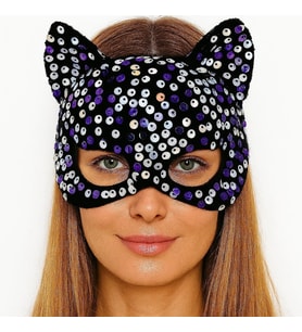 Mey İthalat® Siyah Kadife Kumaş Üzerine Mor Beyaz Payetli Pullu Parti Maskesi 16x14 cm