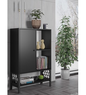 Wood'n Love Lara Premium Desenli Metal Ayaklı Dolaplı Vitrin - Konsol - Siyah / Siyah