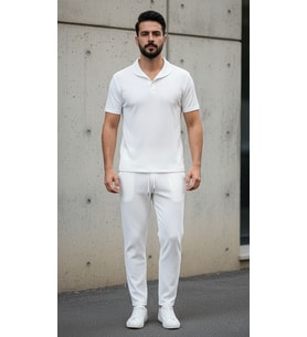 Unisex Kadın/Erkek Özel Bürümcük Krinkıl Kumaş Yazlık Likralı Kısa Kol Tişört Eşofman Elbise Takım (Beyaz)