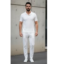 Unisex Kadın/Erkek Özel Bürümcük Krinkıl Kumaş Yazlık Likralı Kısa Kol Tişört Eşofman Elbise Takım (Beyaz)