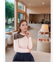 9100986 Yumoş Tek Omuzu Tül İncili Bluz PUDRA