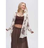 Kadın Krem - Kahve Çiçek Desenli Rahat Oversize Kesim Gömlek