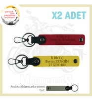 Motor Severlere Özel, İsim Plaka ve B Rh (+) Kan Grubu Yazılı x2 Anahtarlık Hediye, Kırmızı-Sarı-Gr
