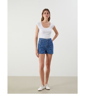 LCW Jeans İndigo Standart Fit Çiçekli Kadın Jean Şort