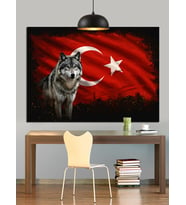 Türk Bayrağı Önünde Kurt Dekoratif Kanvas - Mdf Ahşap Tablo