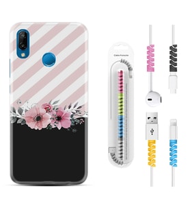 Huawei P20 Lite Mate 10 20 Lite Pro P40 Lite KılıfKablo Koruma Spiral Silikon Strip Pink Flowers 1396
