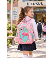 Flamingo Kız Çocuk İlkokul Çantası Pembe Çiçek Desenli Yan Cepli Sırt Çantası 42 x 25 x 14 cm