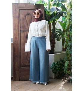 1153-Denim Püsküllü Pantolon Etek Açık Mavi