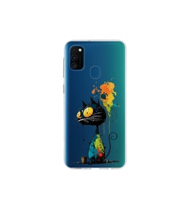Samsung Galaxy M30S ile Uyumlu Splash Kedi Tasarımlı Şeffaf Silikon Kılıf