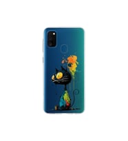 Samsung Galaxy M30S ile Uyumlu Splash Kedi Tasarımlı Şeffaf Silikon Kılıf
