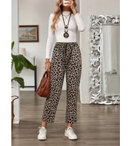 Kadın Yüksek Bel Bağcıklı Leopar Desenli Modal Pantolon