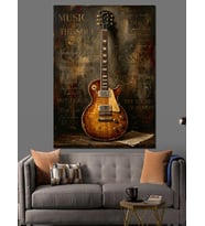Paslı Duvarda Klasik Elektro Gitar Dekoratif Kanvas - Mdf Ahşap Tablo