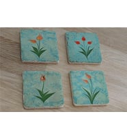 Ebru Laleler Doğal Taş Bardak Altlığı 4'lü set - Natural Stone Coasters
