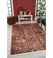 Bordo Kareli Dijital Baskı Eskitme Halı Kaymaz Tabanlı Modern Salon Ve Koridor Modeli