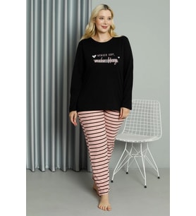 pilelistore- Kadın Büyük Beden Penye Uzun Kol Pijama Takım Siyah