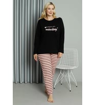 pilelistore- Kadın Büyük Beden Penye Uzun Kol Pijama Takım Siyah