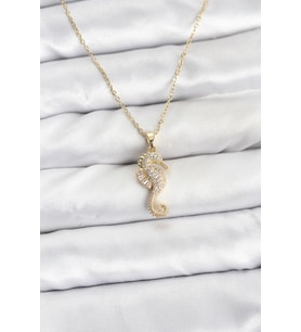316L Çelik Zincir Gold Renk Deniz Atı Model Zirkon Taşlı Kadın Kolye - TJ-BKO10895