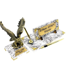 Sizlere Özel İmza Kalemli Masa İsimliği - Mermer Tasarımlı Gold Kartallı Premium Set (Model 1)