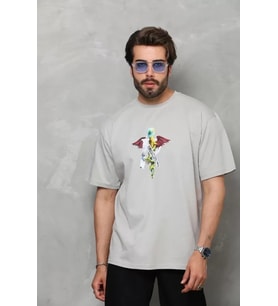 pilelistore- Unisex Bisiklet Yaka Baskılı Oversize T-Shirt - Gri