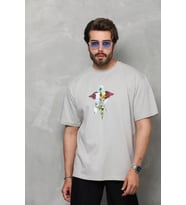 pilelistore- Unisex Bisiklet Yaka Baskılı Oversize T-Shirt - Gri