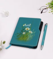 BK Gift Kişiye Özel Papatya Temalı Turkuaz Termo Deri Defter Kalem Seti-13