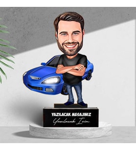 Kişiye Özel Mavi Arabası Olan Erkek Karikatürlü Biblo