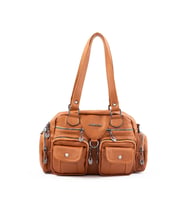 Kadın Siyah Yumuşak Yıkama Deri Bol Gözlü Omuz ve Çapraz Çanta (Taba)