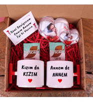 Anneye Hediye Annem de Annem Kızım da Kızım Tasarımlı Kupa Bardak Fotoğraflı Kalp Kar Küresi Dolu Dolu Hediye Seti