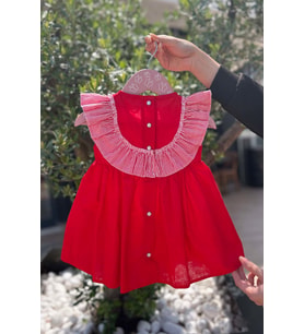Çizgili Fırfırlı Kız Çocuk Bebek Kırmızı Kolsuz Pamuk Elbise