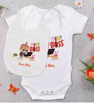 BK Kids Kişiye Özel Mini Boss Tasarımlı Bebek Body Zıbın ve Mama Önlüğü Hediye Seti - Model 1