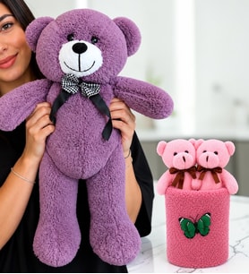 Büyük Boy Mor Peluş Ayıcık ve Peluş Saksıda Ayıcık Buketi Sevgiliye Kadına Arkadaşa Hediye