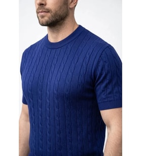Erkek Yazlık Triko Dokuma Tişört Kısa Kol Bisiklet Yaka Örgü Desenli T-Shirt - Lacivert