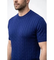 Erkek Yazlık Triko Dokuma Tişört Kısa Kol Bisiklet Yaka Örgü Desenli T-Shirt - Lacivert