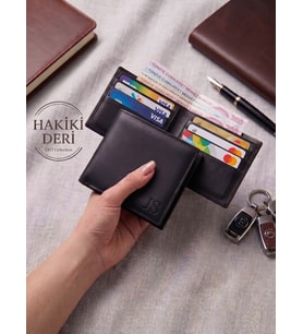 Erkek Siyah %100 Hakiki Deri Cüzdan Çok Kartlıklı Ve Şeffaf Kimlik Bölmeli Klasik Model Cüzdan