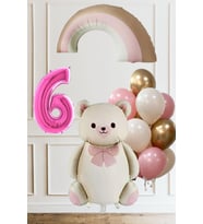3 Yaş Doğum Günü Krem Papyonlu Ayı Pembe Gökkuşağı ve 10 Balonlu Balon Seti (06)