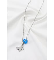 Paslanmaz Çelik Gümüş Renkli Kelebek Kare Cam Nazar Boncuklu Çelik Kolye , Hediyelik Kolye (60 cm)