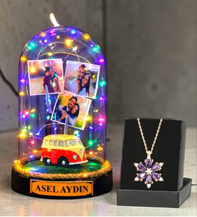 Kişiye Özel Renkli Led Işıklı Fanus ve Gerçek Ametist Taşlı Lotus Kolye (Model 7)