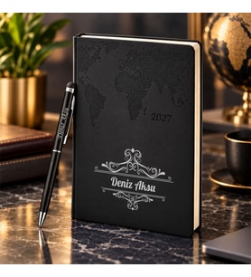 BK Gift Kişiye Özel 378 Termo Deri Tarihli Ajanda & Siyah Touch Pen Tükenmez Kalem-2