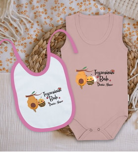 BK Kids Kişiye Özel Teyzesinin Balı Tasarımlı Pembe %100 Pamuklu Askılı Sıfır Kol Bebek Body Zıbın ve Mama Önlüğü Hediye Seti