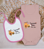 BK Kids Kişiye Özel Teyzesinin Balı Tasarımlı Pembe %100 Pamuklu Askılı Sıfır Kol Bebek Body Zıbın ve Mama Önlüğü Hediye Seti