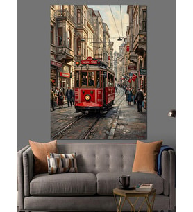 Yağmurlu Şehirde Kırmızı İstanbul Tramvayı Dekoratif Kanvas - Mdf Ahşap Tablo